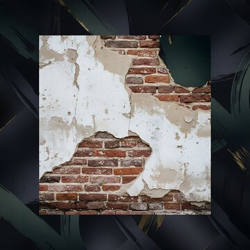 Crumbling brick wall with peeling paint and greenery around.