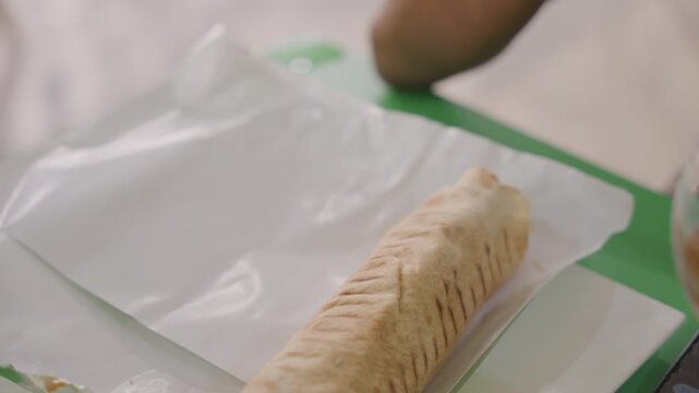 Black hands wrapping sandwich for picnic, home chef prepares baguette on green cutting board, closeup on hands tearing crust and folding parchment, warm sunlight and cozy romantic date atmosphere,