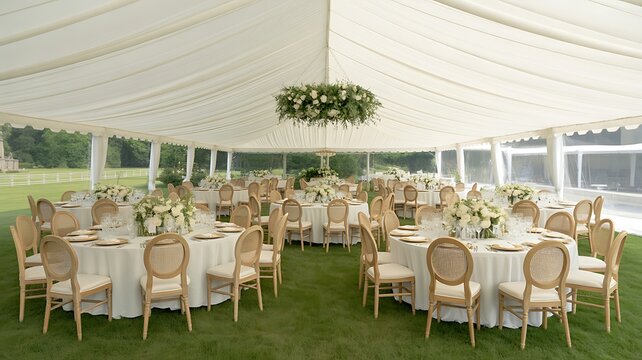 An elegant outdoor wedding reception setup with round tables, white tablecloths, gold chairs, and lush floral centerpieces under a large white marquee tent on a green lawn. 