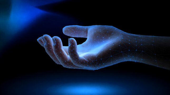 ​A glowing blue digital wireframe hand open against a dark background, symbolizing artificial intelligence, technology, and virtual connection.