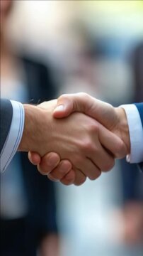 Two individuals in business attire shaking hands during a meeting or negotiation, out of focus setting suggests a formal environment, possibly an office or event venue.