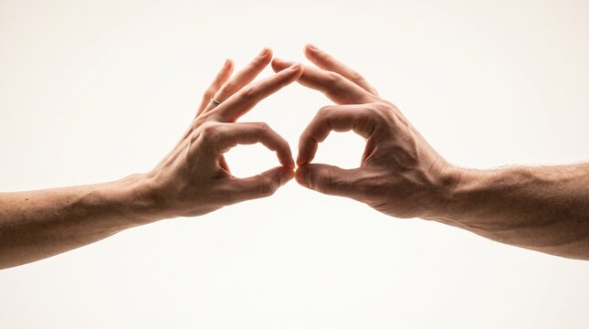 Two human hands reaching horizontally making ok sign touch gesture isolated on white background
