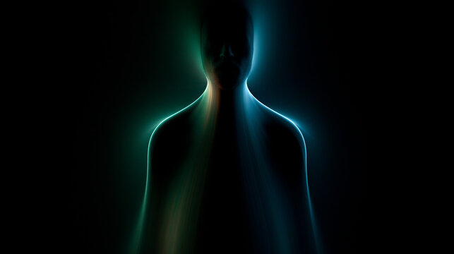 abstract glowing human form in neon atmosphere, ethereal digital identity dissolving into light, futuristic luminous silhouette with cosmic energy