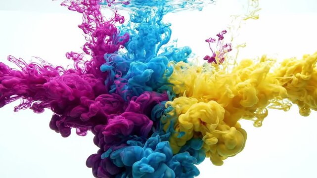 Magenta blue and yellow ink clouds dispersing in clear water. Abstract liquid smoke mixture in dynamic motion. Fluid art background for creative design concept.