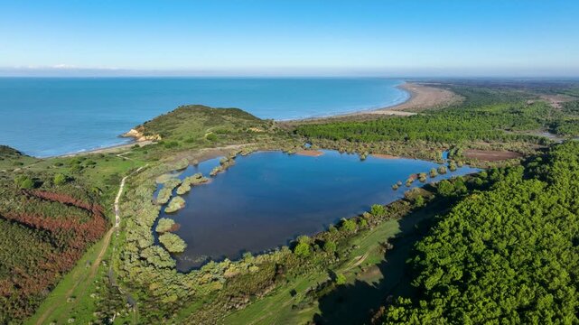 Aerial view of unspoiled beach landscape along the Mediterranean coast of Albania