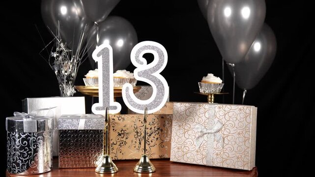 Silver Number 13 with Silver Glitter Sparkles with Gifts and Balloons and Cupcakes for Party Thirteen