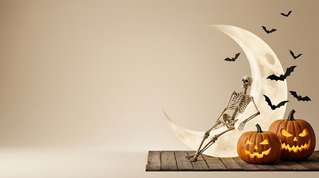 A spooky halloween background featuring a skeleton sitting on a crescent moon with flying bats and glowing carved jack o lanterns