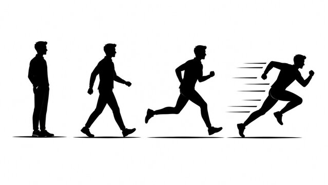 Silhouette sequence of a man standing walking jogging and running fast.