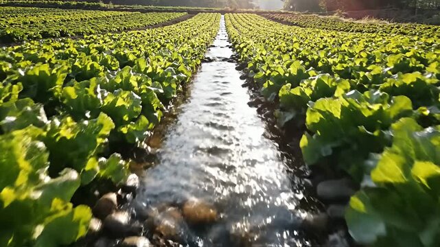 Fresh water flowing through farm irrigation trench.