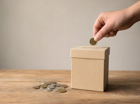 Donation box made from cardboard standing on a wooden table while a human hand deposits a shiny metal coin inside for charity.
