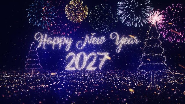 Happy New Year 2027 text with Christmas Tree and snowy, twirly particles and fireworks background