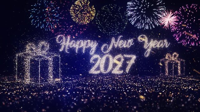 Happy New Year 2027 text with Christmas Gift and snowy, twirly particles and fireworks background