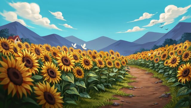A vibrant field of sunflowers under a bright blue mountain sky