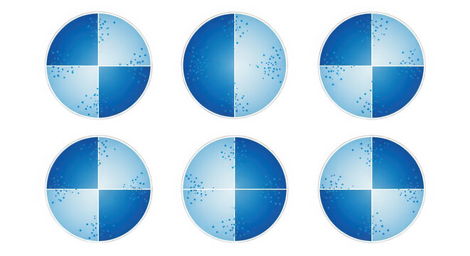 Six blue circles with white quarter segments arranged in a two by three grid isolated on transparent background