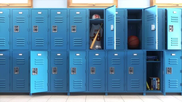 Student lockers at school. School lockers with open doors and student equipment for education