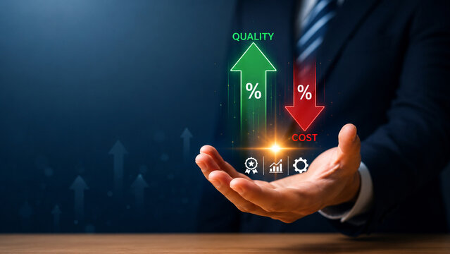 Businessman hand showing digital upward green arrow for quality and downward red arrow for cost reduction.