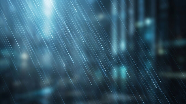Cinematic rain falling at night, blurry city lights background, dark blue rainy street atmosphere, moody urban weather texture