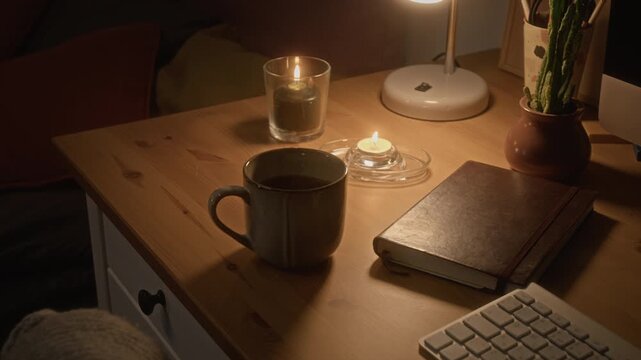 Hot beverage mug steaming on wooden desk next to computer keyboard, notebook, and burning candles. Footage serves well for remote work, online education, or freelance productivity campaigns