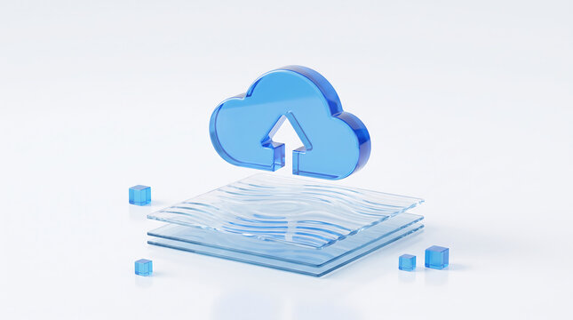 Blue glass cloud computing icon with upload arrow. 3D digital data storage concept. Modern network server technology on white background.