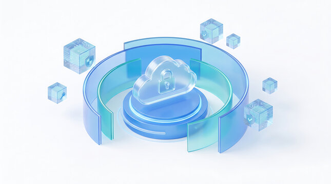 Cloud computing security icon with glass texture. Blue 3D data protection symbol. Cyber security and network storage concept.
