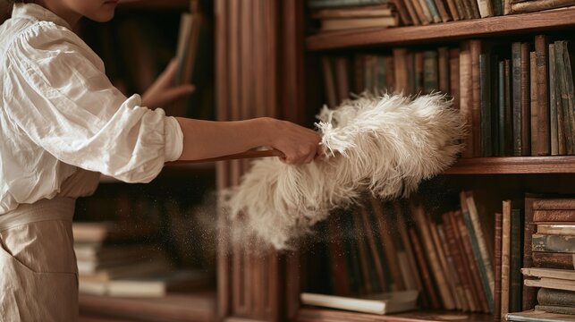 Person use a feather duster on a dusty wooden bookshelf, featuring numerous vintage books, capturing a timeless scene of household maintenance and care. A soft light illuminates the dust particles in