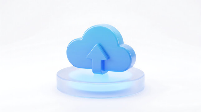 Blue 3D cloud upload icon on glass pedestal, digital storage and data transfer concept, modern cloud computing symbol on white background