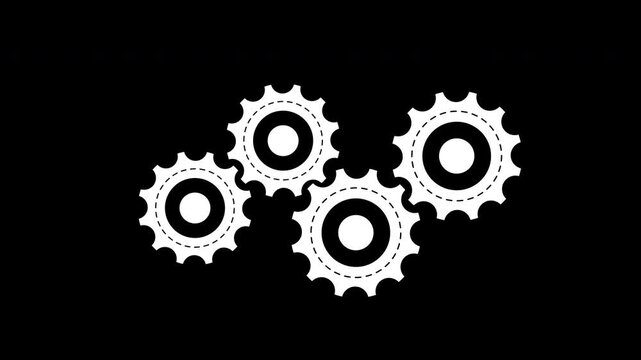 Four white mechanical gear icons isolated on black screen, suitable for industrial websites, engineering presentations, and technologyrelated designs.