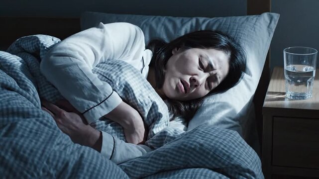 Woman Suffering From Abdominal Pain In Bed At Night