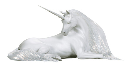 White unicorn lying down with flowing mane and tail © Maria