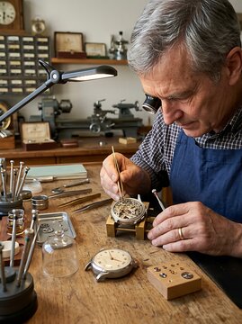 Craftsman repairing pocket watch at workbench.