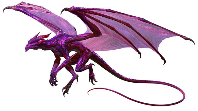 Purple dragon with large wings in flight