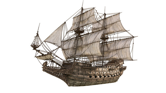 Antique wooden galleon ship with full sails and rigging