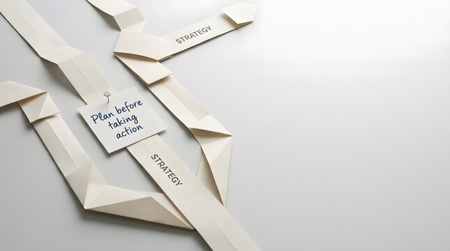 Structured layout of folded paper paths on a white surface featuring STRATEGY text and a pinned note reading Plan before taking action for business workflow planning concepts.