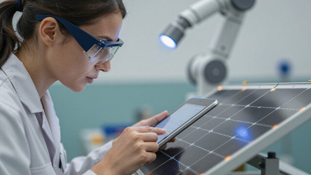 Female engineer inspecting photovoltaic solar panel using digital tablet in modern renewable energy laboratory