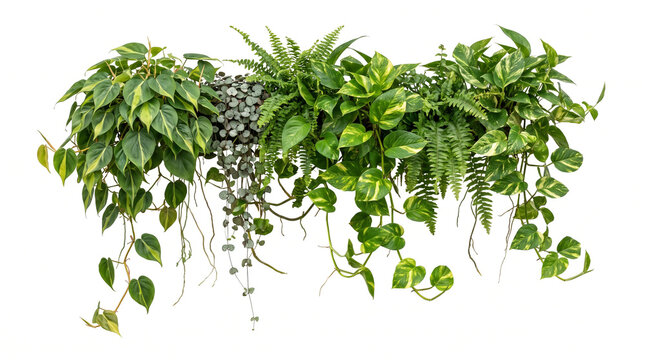 Extensive horizontal living wall display packed with diverse trailing houseplants including ferns pothos and philodendron