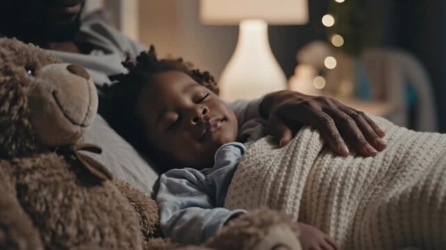 Tender Father's Hand Soothing Sleeping Child And Teddy Bear In Bedtime