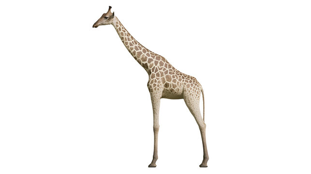 Giraffe with patterned fur standing on white