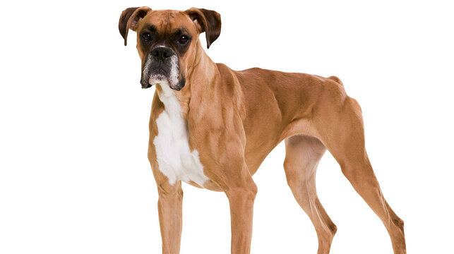 Brown and white boxer dog standing on white