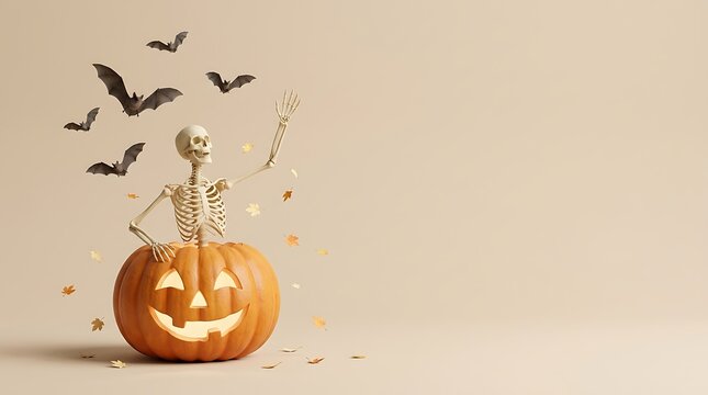 A festive halloween background featuring a small skeleton sitting on a glowing carved jack o lantern with flying paper bats