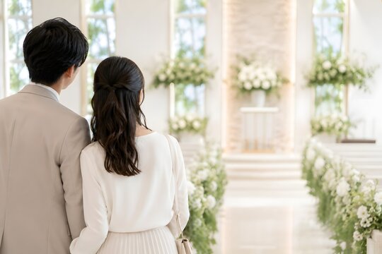 結婚式場を眺める新郎新婦の後ろ姿とブライダルフェア素材