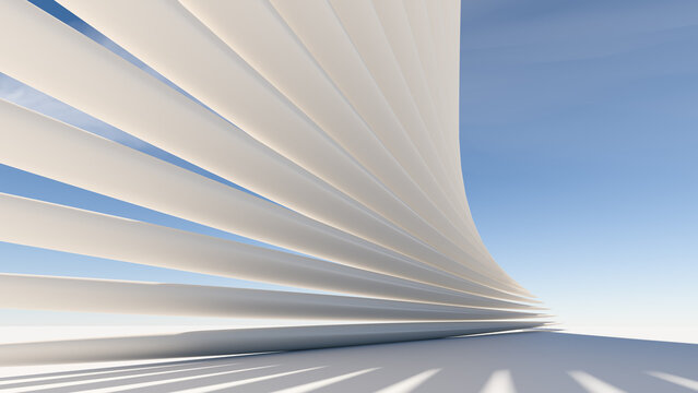 Abstract 3D architecture background, curved white blinds structure with blue sky. Futuristic building design concept, modern minimalist wave pattern. Technology and geometry idea
