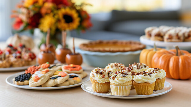 A bountiful Thanksgiving and Halloween dessert table featuring festive cupcakes pumpkin pie caramel apples and decorative holiday cookies