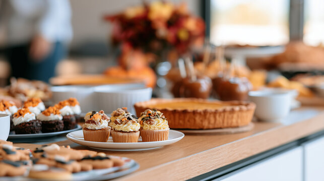 Assortment of delicious homemade Halloween themed desserts including cupcakes and pumpkin pie displayed on a festive autumn buffet table