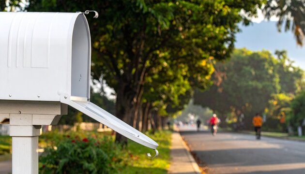 White mailbox with open door on a suburban street with lush green trees and people exercising in the morning