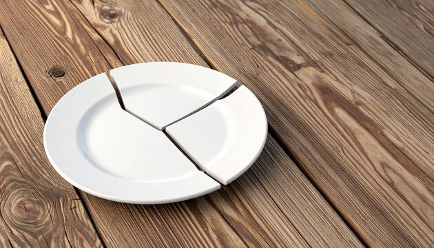 Broken white ceramic plate split into three pieces on a rustic wooden table representing a pie chart or division