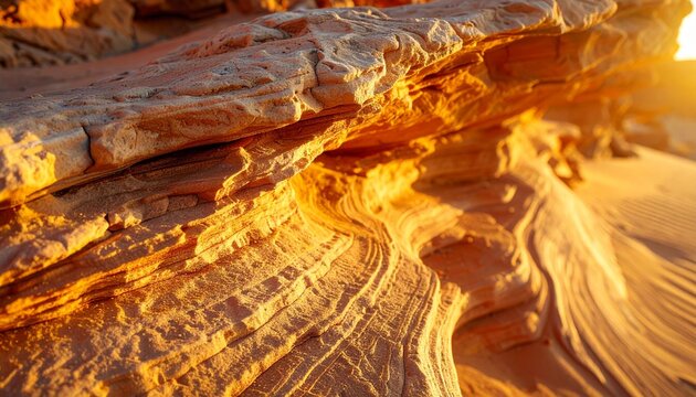 Golden sunset light on layered desert sandstone rock formation