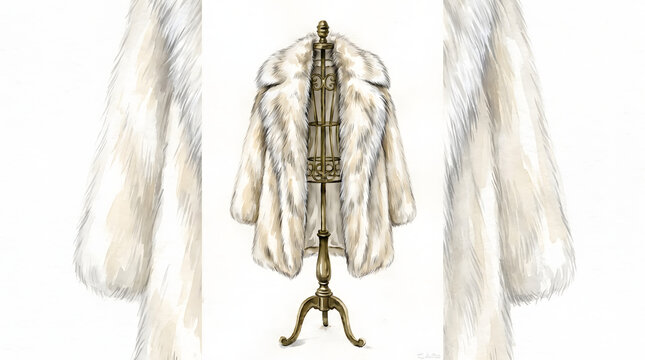 Watercolor illustration of an elegant white fur coat displayed on a vintage gold mannequin stand.