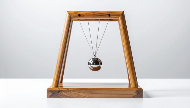 Wooden frame pendulum with suspended metal sphere isolated on white background, scientific concept of physics and momentum balance