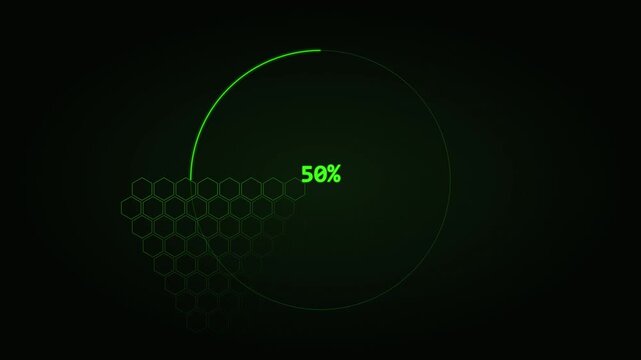 Futuristic green digital loading progress bar with fifty percent percentage indicator HUD interface display honeycomb hexagon pattern technology background illustration