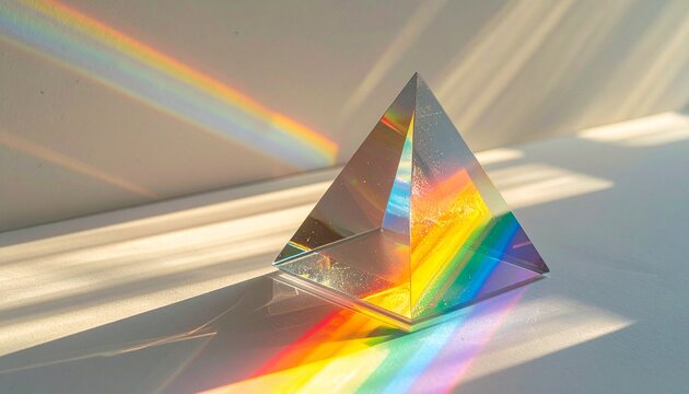 Glass Pyramid Prism Creating A Vibrant Light Spectrum Dispersion On A Minimalist Surface Under Warm Natural Sunlight